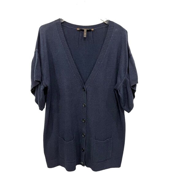 BCBG Max Azria Sz L Lambswool Cardigan Flutter Short Sleeve V-neck Sweater Navy - Picture 7 of 7